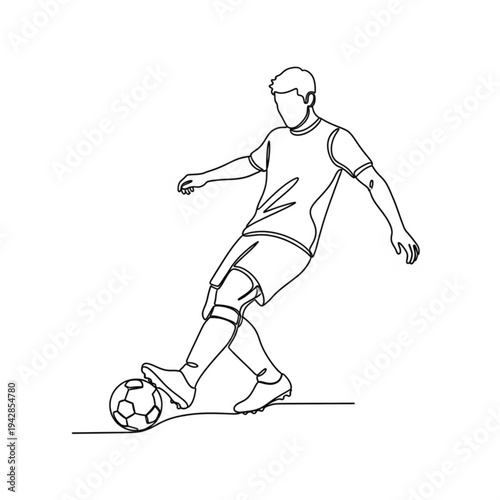 A minimalist line art illustration of a soccer player kicking a ball