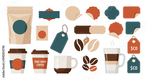 A collection of coffee-related branding elements, including cups, bags, tags, labels, and coffee beans, presented in a flat design style.