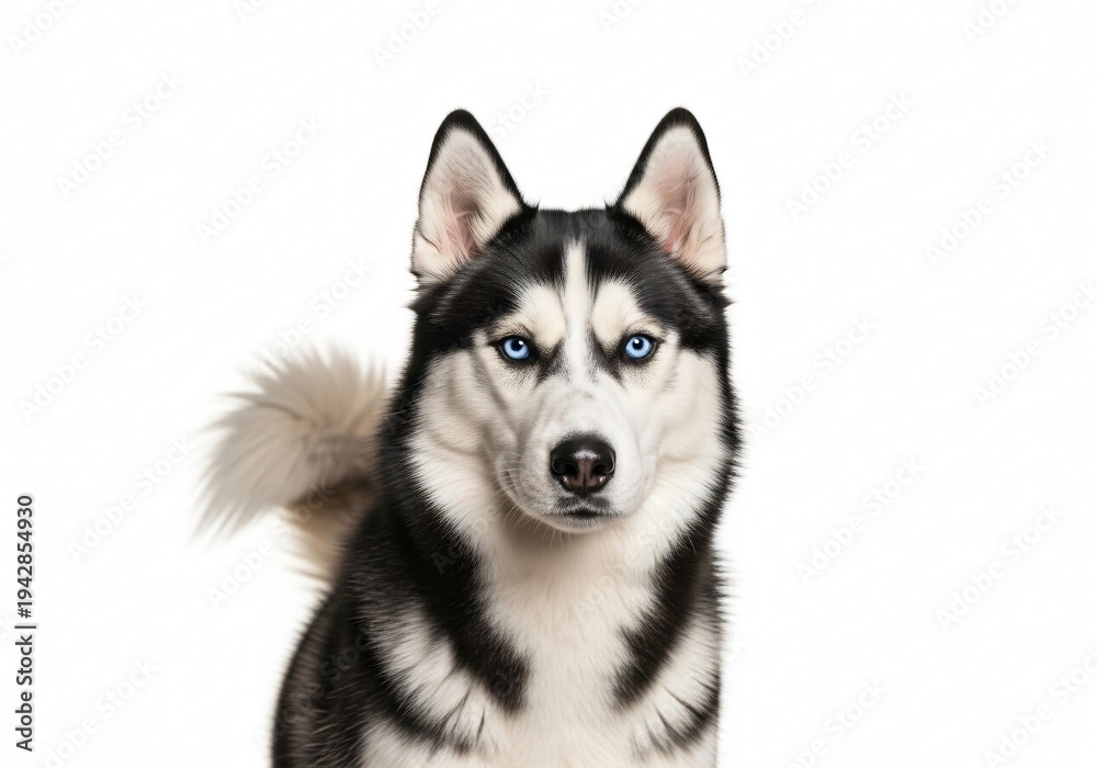 Fototapeta premium A black and white husky dog with blue eyes isolated on white background