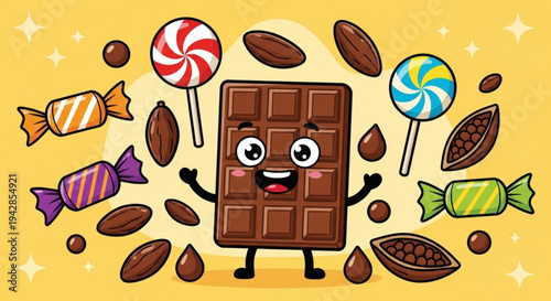 Cartoon chocolate bar with candies and sweets on yellow background happy dessert concept