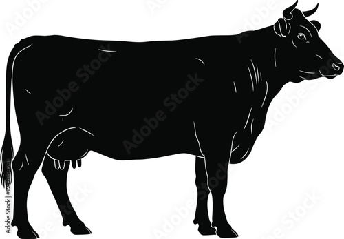 Black silhouette illustration of cow profile with horns, udder, tail, stylized anatomy, agricultural livestock design art