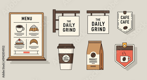 A collection of graphic design elements for a coffee shop brand called 'The Daily Grind', including a menu, signage, coffee cup, and product packaging.