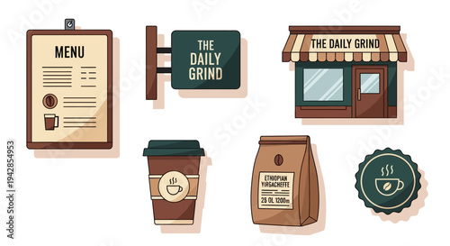 A collection of illustrations depicting elements of a coffee shop, including a menu, signage, a coffee cup, a bag of beans, and a coffee-themed emblem.