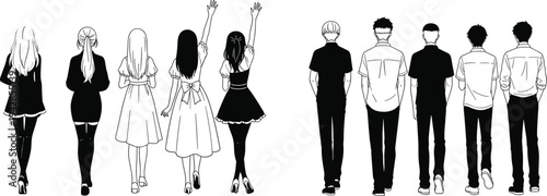 Anime-style illustration of twelve silhouettes, male and female groups, walking away, manga art, gender contrast, social dynamics design