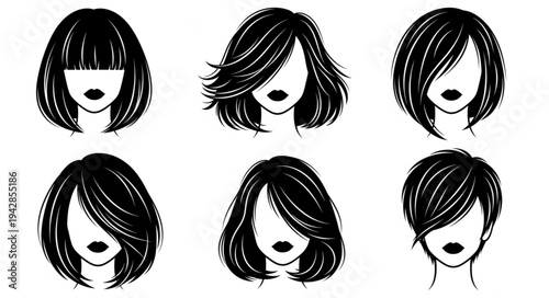 Set of black and white womens hairstyles with various cuts and styles.