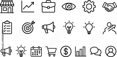 A set of 25 black line icons on white background featuring targets, awards, and symbols, including bullseyes, shields, and trophies in simple line art style