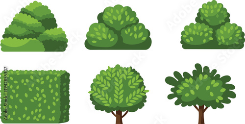Stylized illustration of green bushes and trees, landscape elements, gardening design, urban planning foliage set, nature silhouette art