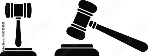 Black judge gavel and sound block vector icon set, legal justice symbols for court law, and auction hammer elements