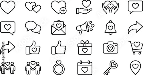 A set of line style icons depicting various bacteria and virus related symbols, including microorganisms, lab equipment, and scientific tools, all isolated on white background