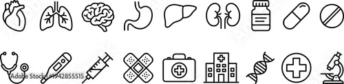 A collection of 24 black line icons on white background depicting artificial intelligence concepts, including gears, graphs, computers, and human heads with cogs