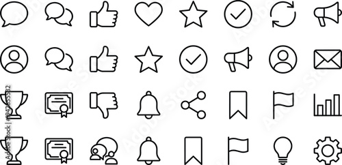 A set of black line style icons depicting business and productivity symbols, including a house, clipboard, clock, shopping cart, and more, isolated on white background