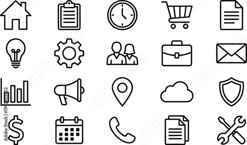 A set of black line style icons depicting business and productivity symbols, including a target, graph, gift, and more, isolated on white background