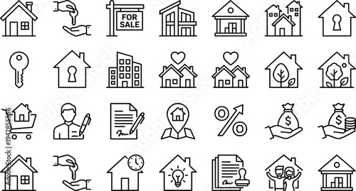 A set of black line style icons depicting various business and communication concepts on a pure white background, including shop, graph, briefcase, eye, gear, handshake, document, target, megaphone, l