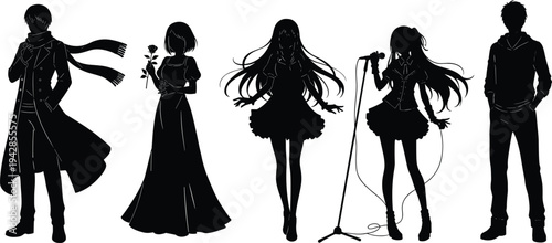 Silhouette illustration of five characters with distinct poses, coat, rose, microphone, casual stance, stylized anime art