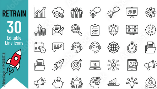 A set of simple line style icons depicting social media and notification symbols, including speech bubbles, thumbs up, hearts, stars, clocks, and more, all in a minimalist design isolated on white bac