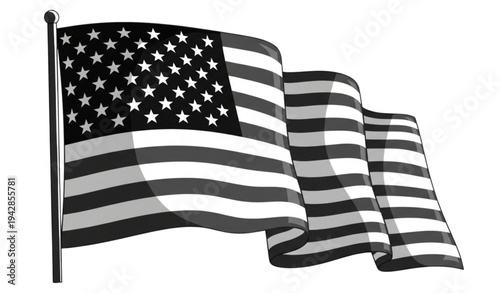 Fotografie A black and white illustration of the American flag waving on a pole