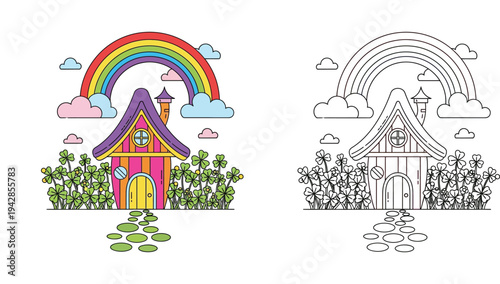 Cute Fairy Tale Cottage with Rainbow and Clovers. Colored Vector Illustration and Black and White Coloring Page for Kids.
