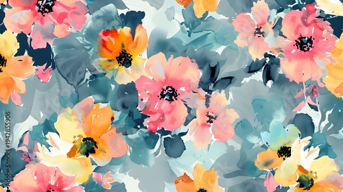 Seamless Colorful Floral Pattern with Pink, Yellow and Blue Flowers – Modern Botanical Spring Background