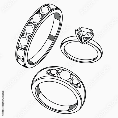 Set of 3 ring icons vector, jewelry illustrations
