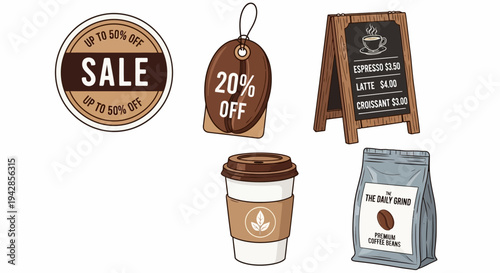 A collection of coffee shop promotional items including a sale tag, a discount tag, a menu board, a to-go coffee cup, and a bag of coffee beans.