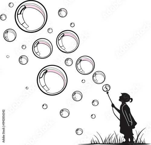 Vector illustration of child blowing bubbles outdoors