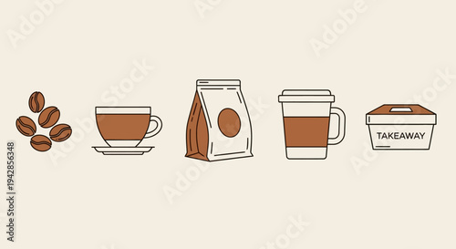 A collection of coffee-related icons, including beans, a cup, a bag, a takeaway cup, and a container.