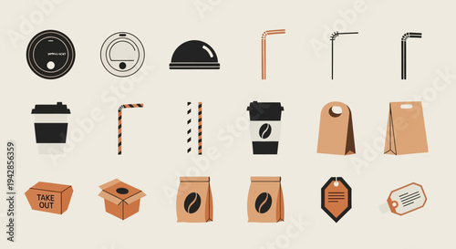 A collection of coffee shop related items, including cups, bags, straws, and packaging, presented in a flat design style.