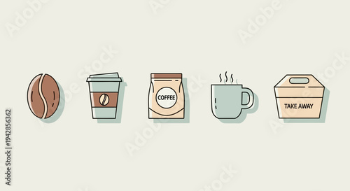 A collection of five flat design icons representing coffee and takeaway food items on a pale background.