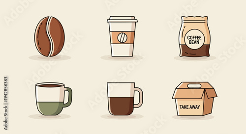 A collection of six flat design icons representing coffee-related items, including a coffee bean, a to-go cup, a bag of coffee beans, two different coffee mugs, and a take-away box.