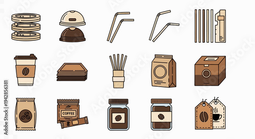 Collection of coffee-related items and accessories, including cups, straws, packaging, and coffee beans, presented in a flat design style.