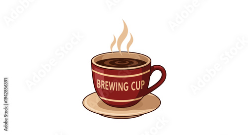 A steaming cup of dark coffee sits on a saucer, with the words "BREWING CUP" visible on the side of the mug.