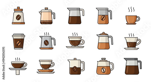 Collection of various coffee makers, cups, and containers, illustrating different brewing methods and serving styles.