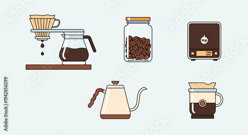 A collection of illustrated coffee brewing equipment, including a pour-over set, a kettle, a scale, and a jar of beans.