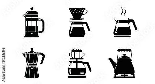Collection of six black and white illustrations depicting various coffee brewing methods and devices, including a French press, pour-over, moka pot, and kettle.