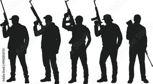 Black silhouette of a group of soldiers or tactical security team holding rifles and weapons isolated on white background, military and combat vector illustration.