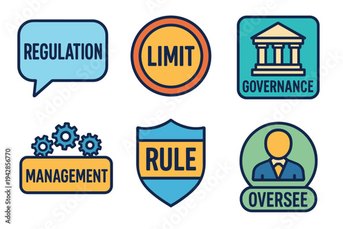 Regulation, limit, governance, management, rule, and oversee icons visually represent key concepts of control, administration, and compliance.