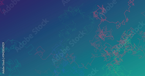 Intricate purple and cyan digital tangle lines on gradient background creating complex network of neural paths and abstract technological connections