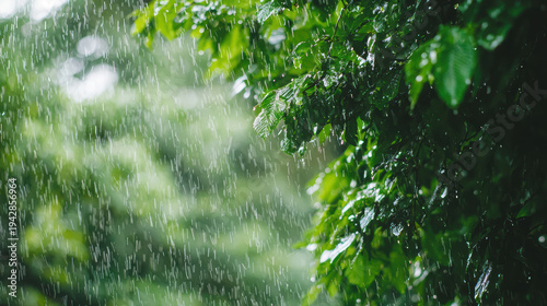 Fresh green leaves glisten as raindrops fall du a gentle summer rain shower, creating a calming and refreshing atmosphere in nature's embrace outdoors.