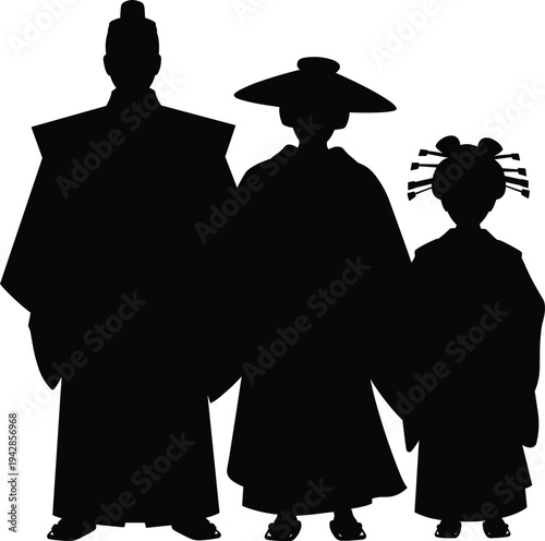 Traditional Japanese family silhouette including father mother and daughter wearing historic kimono and formal robes isolated on white background for cultural heritage design projects.
