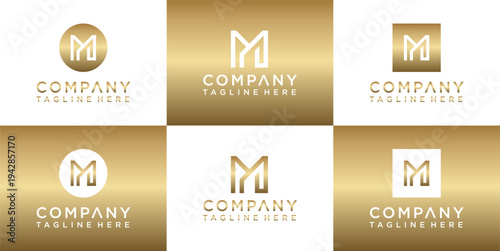 Collection of gold and white company logos.