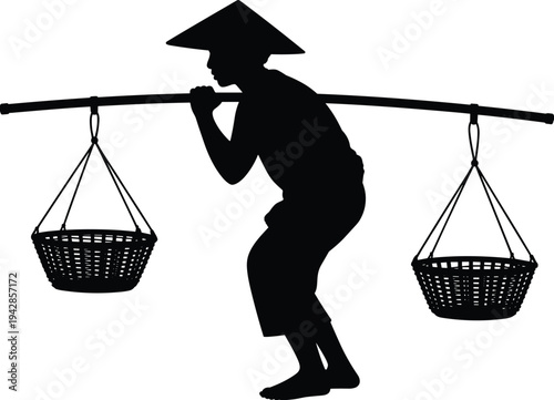 Black silhouette of an Asian farmer wearing a conical hat carrying two baskets on a shoulder pole isolated on white background, traditional culture vector.