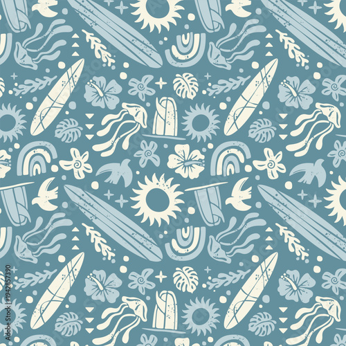 Seamless Boho Surf Pattern with Surfboards Dolphins Waves and Tropical Elements
