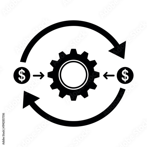 A black icon of a gear with dollar signs and arrows