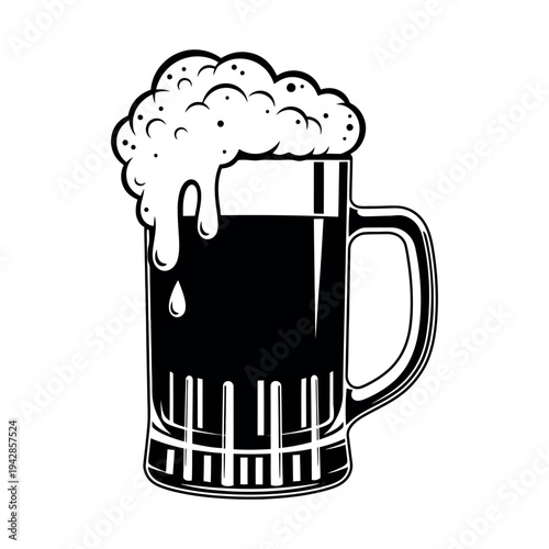 Black and white illustration of a beer mug with foam on top