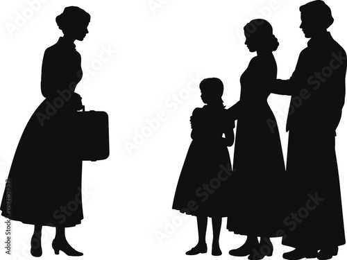 Black silhouette of a woman with a suitcase meeting a family with a child isolated on white background, vintage travel and homecoming vector illustration.
