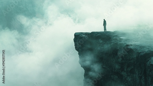 A solitary figure stands on the edge of a rugged cliff, surrounded by thick mist and ethereal fog, evoking feelings of introspection and awe in the natural landscape.
