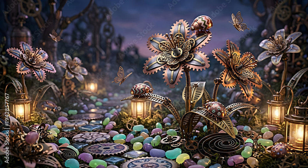 Obraz premium Steampunk garden with mechanical flowers and insects