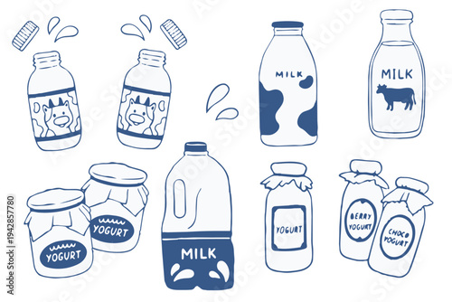 A set of bottles with milk drinks and yoghurts. Linear vector drawing of dairy products on a white background.