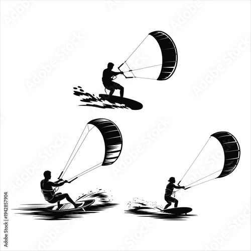Silhouettes of three kitesurfers on white background