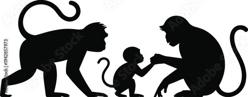 Black silhouette of a monkey family with mother, father, and baby primate interacting on white background, wildlife vector illustration for animal nature concepts.
